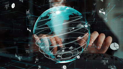 A digital globe illustrates global connectivity, enhanced by data visualization elements. This...