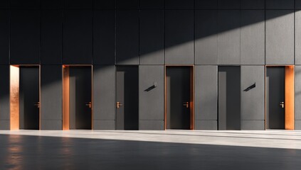 Obraz premium Modern interior, dark gray walls, copper door handles, sunlit hallway
