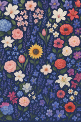 Seamless watercolor floral pattern with roses, sunflowers, tulips, lilies, magnolias, hydrangeas, lavender, and cherry blossoms on a dark blue background. Elegant botanical design perfect for fabric