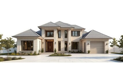 Exterior view of a modern two story house with a garage and a driveway on a sunny day with trees