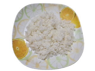 Thai jasmine white rice in white plate isolated on white background 