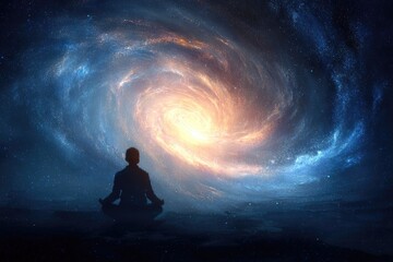 Person meditating with a galaxy swirling inside their silhouette, energy vortex and space theme