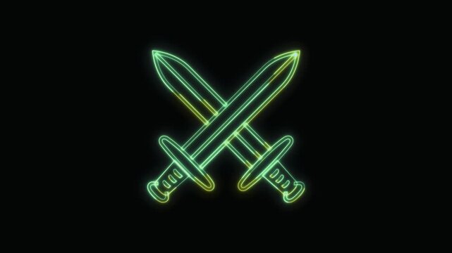  Crossed Swords Icon Neon Seamless Loop 4K with Black Background Animated Promotional Typography for Video Editing