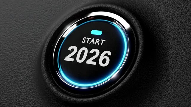 Finger about to press a car ignition button with the text 2026 start.happy new year 2026 start new project.concept of start with strategy,win,plan,goal and objective target
