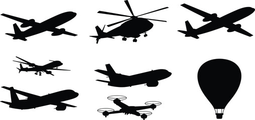 Flying vehicle silhouettes, airplane icons, drone shapes, helicopter outline, hot air balloon, aviation vector, black aircraft, aerial transport, flight design