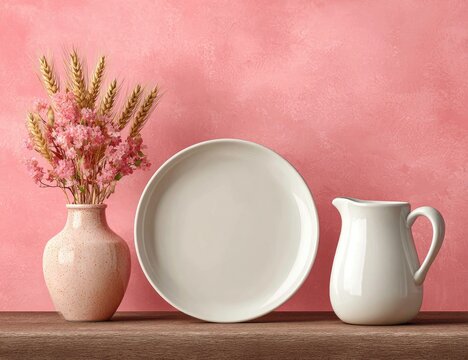 Pink wall, white dishes, flowers, vase, wooden shelf