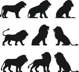 Lion silhouette collection, black lion icons, vector lion shapes,  black lion icons, wild animal poses, sitting lion, walking lion, roaring lion, vector lion shapes, isolated lions