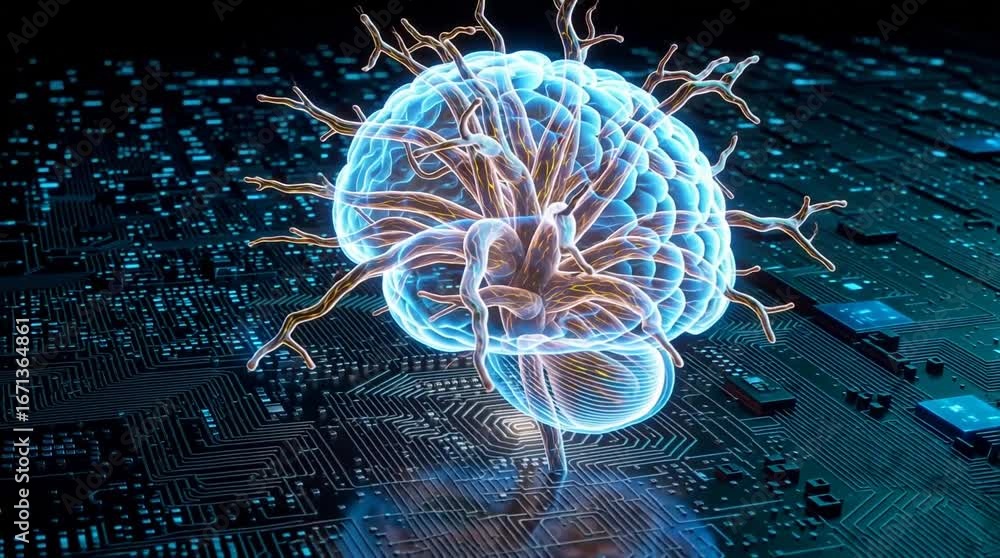 Poster ai brain processing data on circuit board shows intelligent network connection video