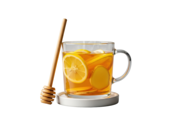 Pristine transparent glass mug with golden amber hot lemon and ginger infusion, suspended lemon/ginger slices, rising steam, honey dipper, transparent background. Healthy wellness beverage concept