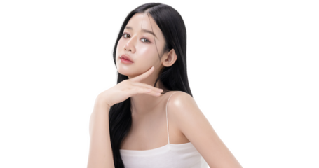 A beautiful Asian woman with long black wavy hair posing gracefully with a soft smile isolated on transparent background, studio beauty portrait. PNG file format.