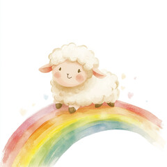 Naklejka premium a cute Fluffy sheep sliding down a rainbow hill