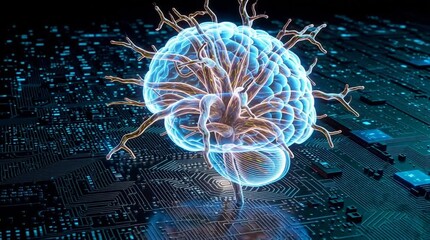 AI brain processing data on circuit board shows intelligent network connection video - Powered by Adobe