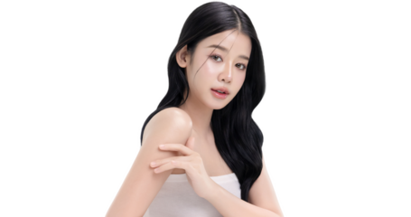 A beautiful Asian woman with long black wavy hair posing gracefully with a soft smile isolated on transparent background, studio beauty portrait. PNG file format.