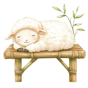 a cute Fluffy sheep lying on a bamboo table
