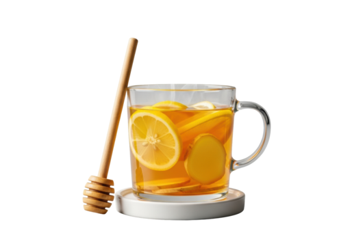 Pristine transparent glass mug with golden amber hot lemon and ginger infusion, suspended lemon/ginger slices, rising steam, honey dipper, transparent background. Healthy wellness beverage concept