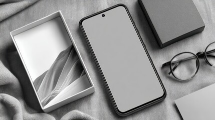 Gray smartphone in a gift box, with eyeglasses