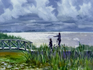 A couple walking on the bridge by the lake watercolor background