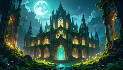 enchanted fantasy castle under moonlight night