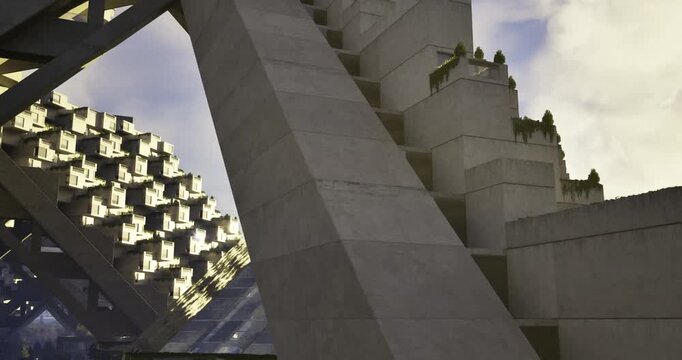 Unique geometric structures create a striking visual against the sky. Plants are integrated into the concrete design, enhancing urban aesthetics and sustainability in the city.