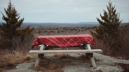 Obraz premium Picnic Table With Red Plaid Cloth Overlooking a Scenic Valley During Overcast Weather