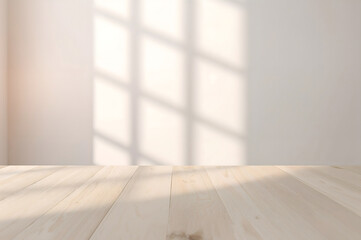 Light wooden planks with soft window shadow patterns on a pale wall floor table