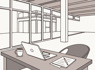 Modern Flat Office Workspace with Laptop Illustration

