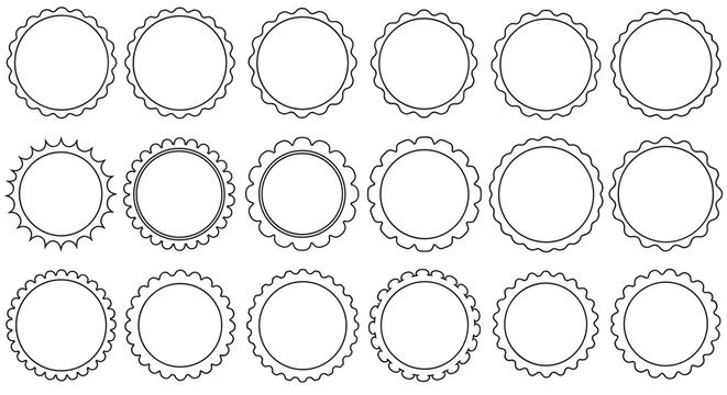 Collection of twenty-four circular frames with scalloped and plain edges.