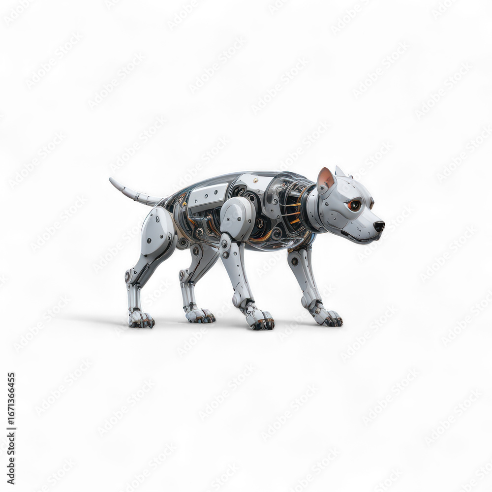 Poster a robotic dog with a transparent body showing the internal mechanism on a black background isolated