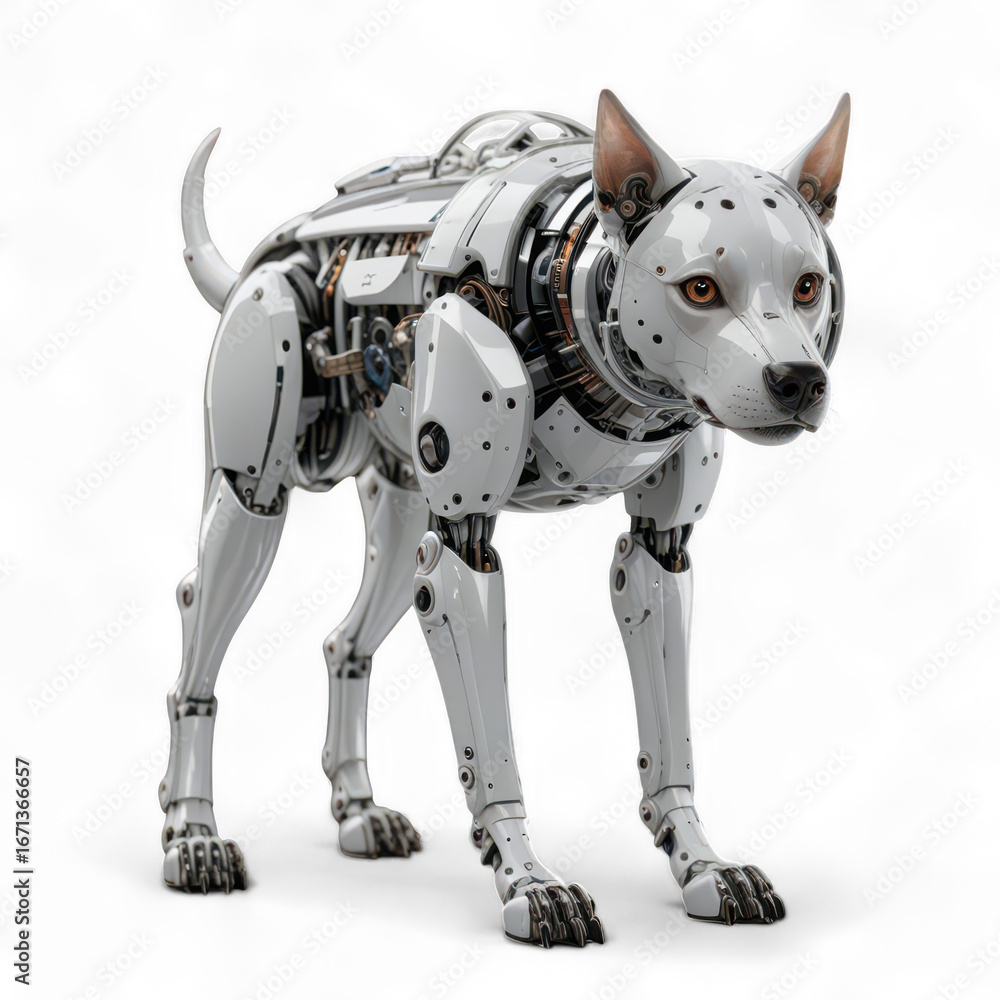 Poster a detailed view of a white robotic dog with visible mechanics standing on a black background in stud