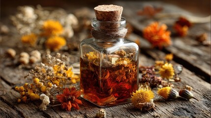 Amber elixir in a glass bottle, surrounded by dried autumnal flowers on a weathered wooden surface