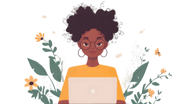 afro haired girl wearing glasses, with laptop isolated on a transparent background