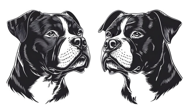 American bully dog face silhouette black and white vector isolated on transparent background