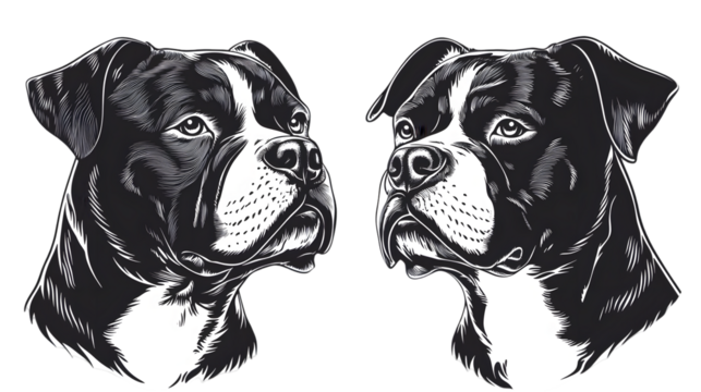 American bully dog face silhouette black and white vector isolated on transparent background