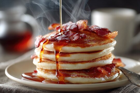 Stack of pancakes with bacon and syrup