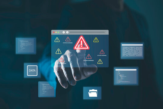 Cybersecurity warning alert concept with hand touching digital error icon, system failure, malware risk, hacking threat, and data protection in futuristic technology interface. - Powered by Adobe