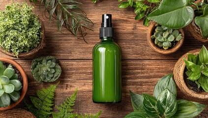 Green spray bottle surrounded by various potted plants on a wooden surface