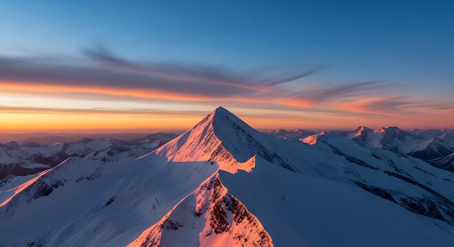 Majestic mountain peak bathed in golden sunrise over snowy landscape