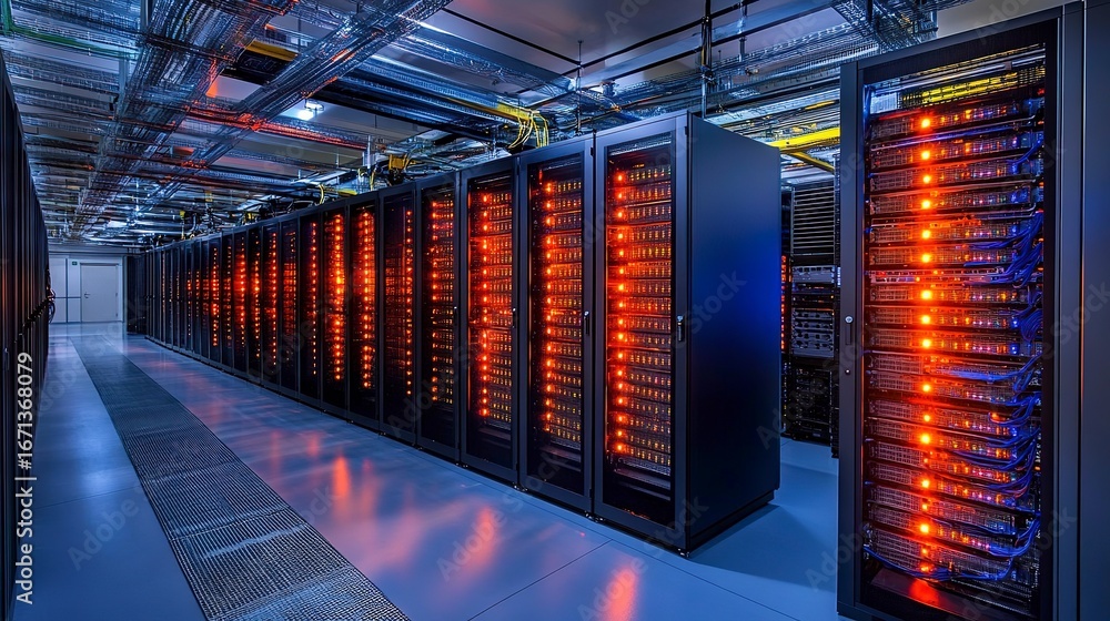 Poster data center filled with glowing servers illuminating the darkened environment in modern technology i