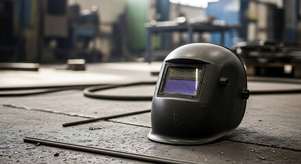 High resolution photograph of welding helmet placed on a factory workshop floor with natural lighting and professional composition