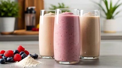 Delicious healthy smoothies and fresh berries in a refreshing beverage display