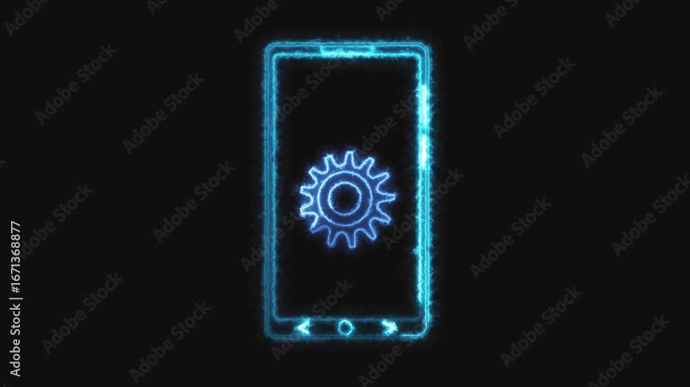 Poster animated smartphone gear settings interface glowing neon blue technology app development loop. glowi