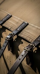 Close up of aged leather straps and metal buckles securing a weathered wooden surface