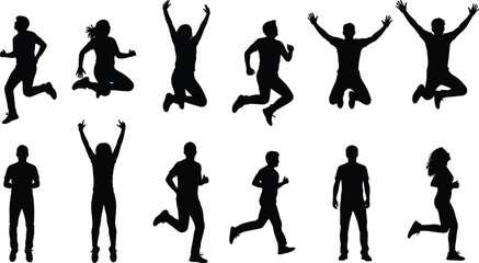 Silhouette of active human figures, jumping, running,  black shapes, motion, fitness, energy, movement, people, sports, action, exercise, physical activity, abstract, minimal, vector, isolated