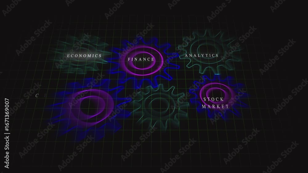 Poster rotating neon gears abstract network system technology finance economy digital workflow animation. n