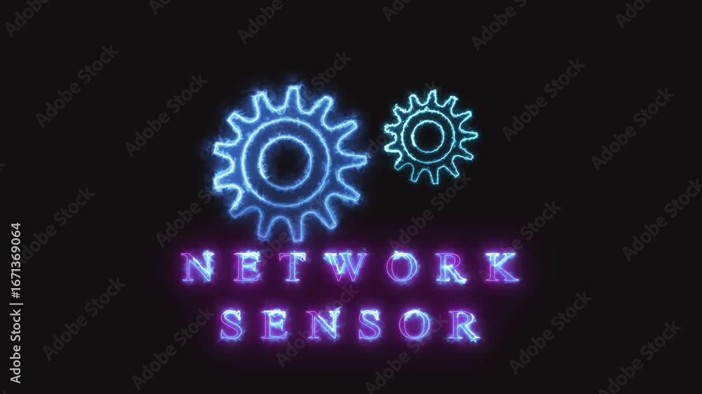 Poster network sensor gears animation electric spark neon glow blue purple futuristic tech interface. futur