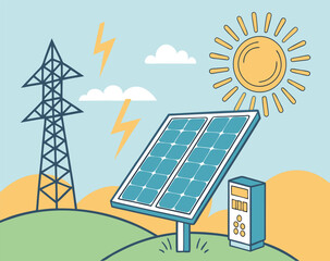 Solar Energy Panel with Sunlight Concept Vector
