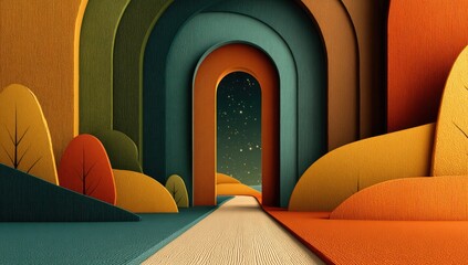 Colorful archway pathway through a layered autumnal landscape