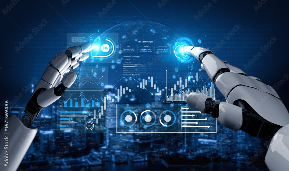 Poster ai analyzing sales data dashboard, visualizing performance metrics, detecting trends, and generating