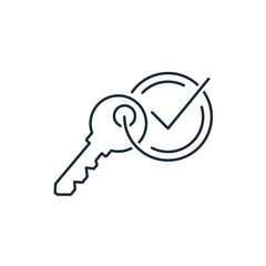 Key marked with a tick. Correct solution to the problem. Vector linear icon illustration isolated on white background.