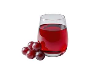 Crystal-clear glass tumbler with deep ruby red wine, plump dark red grapes, on a seamless transparent background, high-key macro 45-degree high-angle commercial product display
